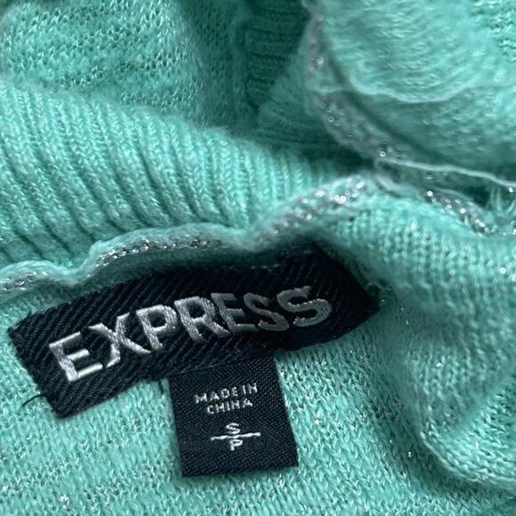 Express Womens V Neck Striped Sweater Size S Glitter Y2K Mint Green Off Shoulder - Picture 7 of 10
